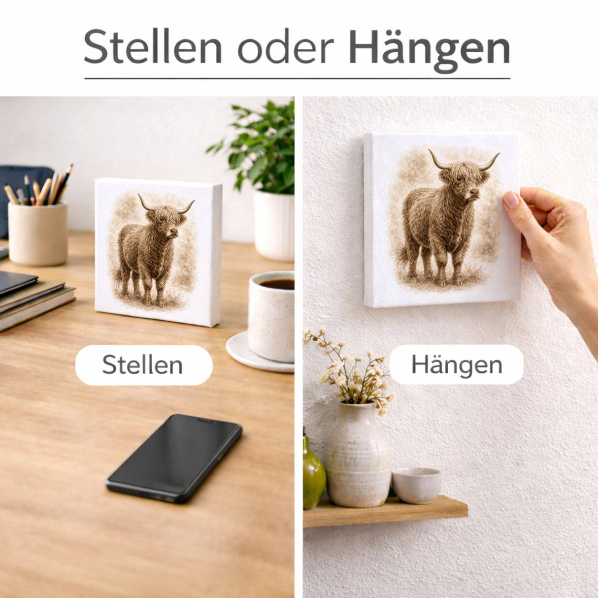 Rustikale Momente Hochlandrind Holzbild in 10x10 cm zum Stellen oder Aufhängen