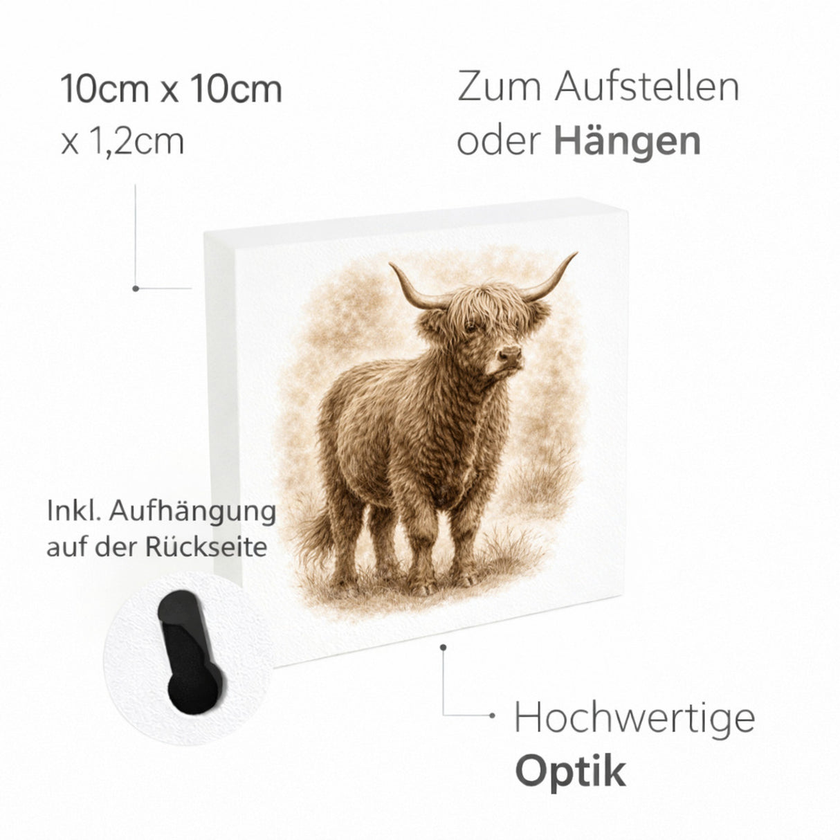 Rustikale Momente Hochlandrind Holzbild in 10x10 cm zum Stellen oder Aufhängen
