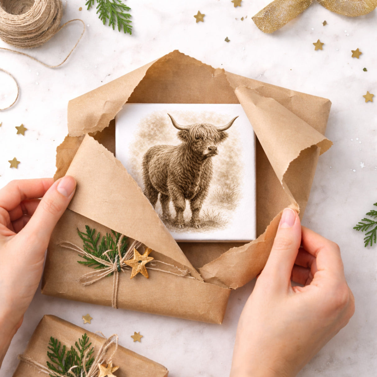 Rustikale Momente Hochlandrind Holzbild in 10x10 cm zum Stellen oder Aufhängen