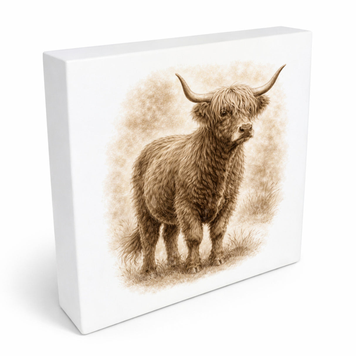Rustikale Momente Hochlandrind Holzbild in 10x10 cm zum Stellen oder Aufhängen