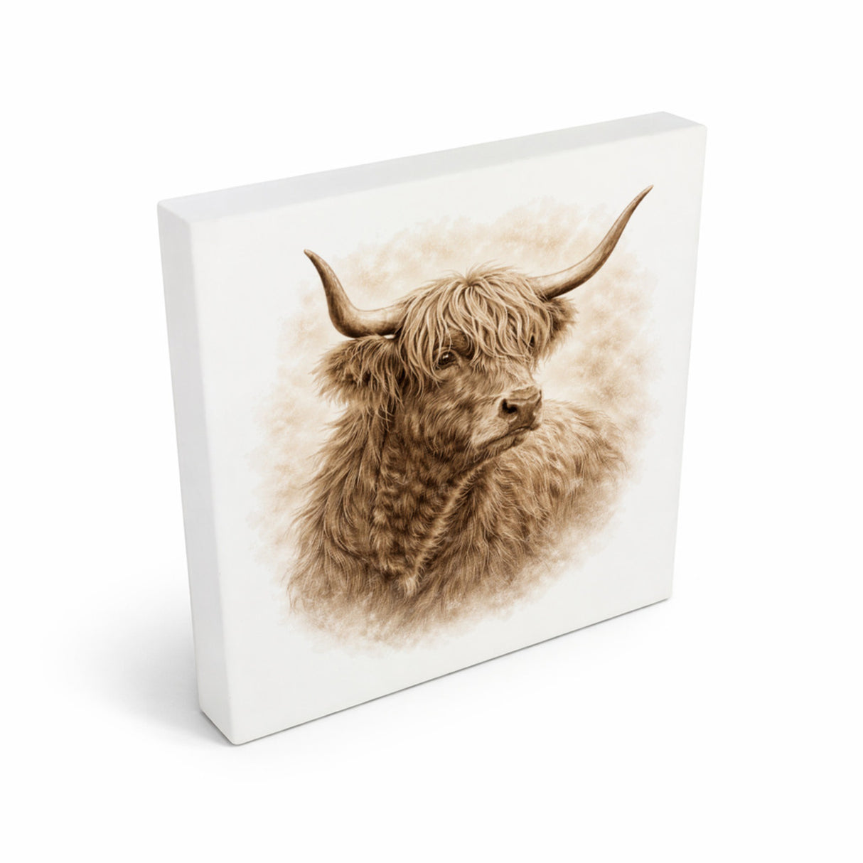 Rustikale Momente Hochlandrindkopf Holzbild in 10x10 cm zum Stellen oder Aufhängen