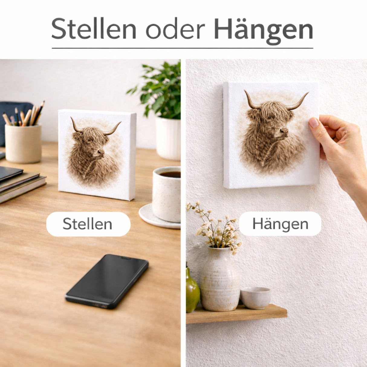 Rustikale Momente Hochlandrindkopf Holzbild in 10x10 cm zum Stellen oder Aufhängen