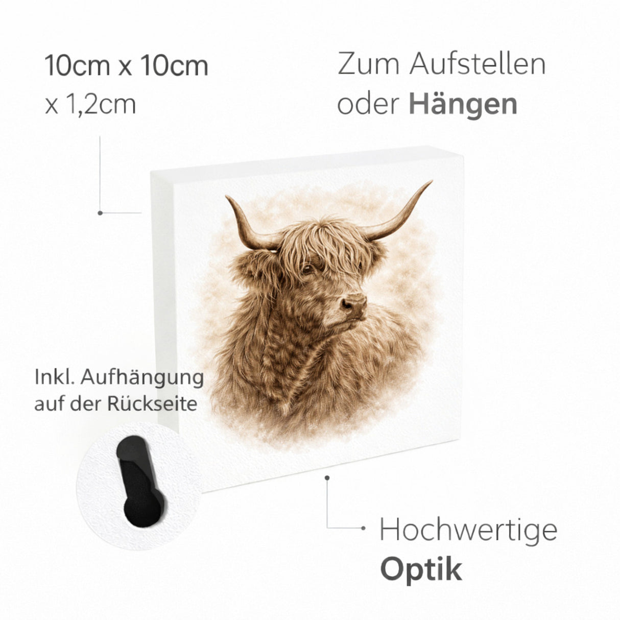 Rustikale Momente Hochlandrindkopf Holzbild in 10x10 cm zum Stellen oder Aufhängen