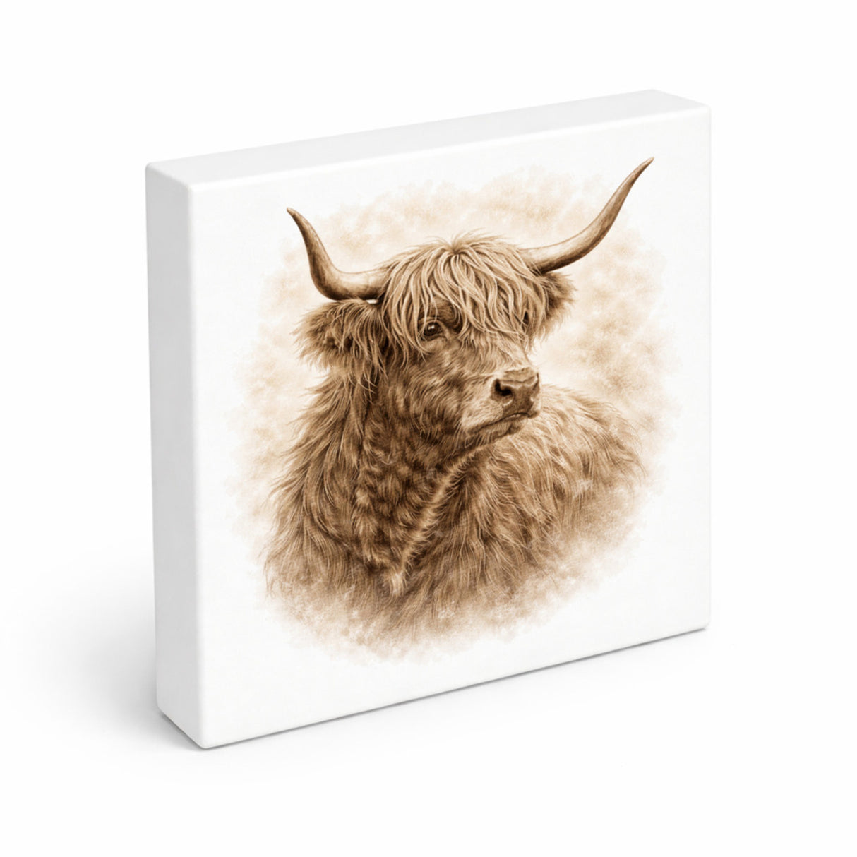 Rustikale Momente Hochlandrindkopf Holzbild in 10x10 cm zum Stellen oder Aufhängen