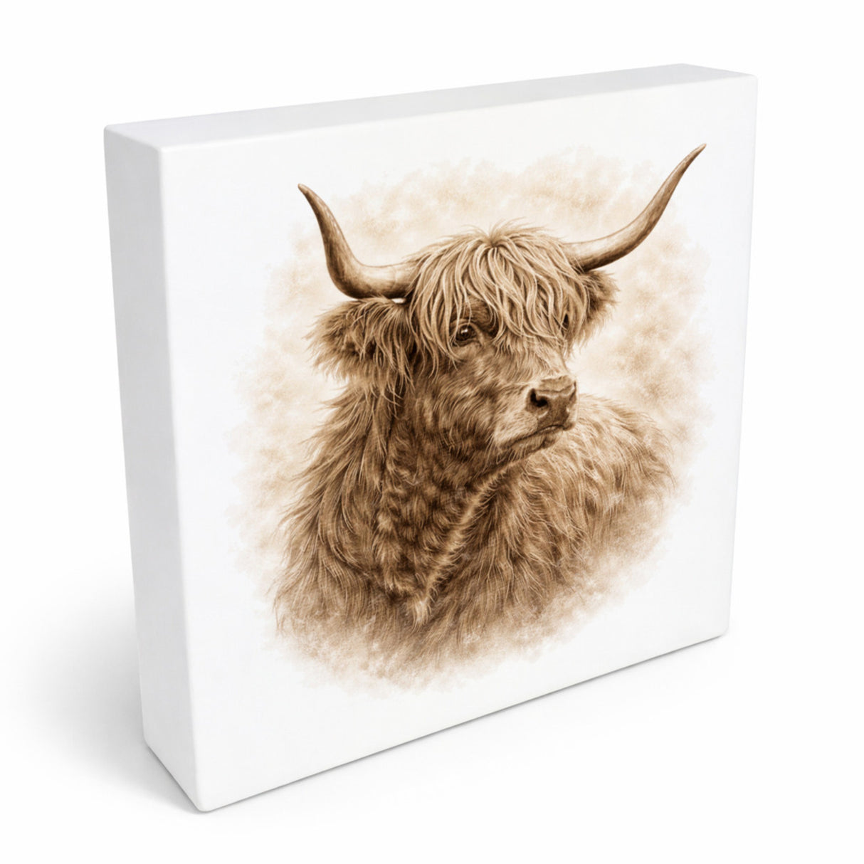 Rustikale Momente Hochlandrindkopf Holzbild in 10x10 cm zum Stellen oder Aufhängen