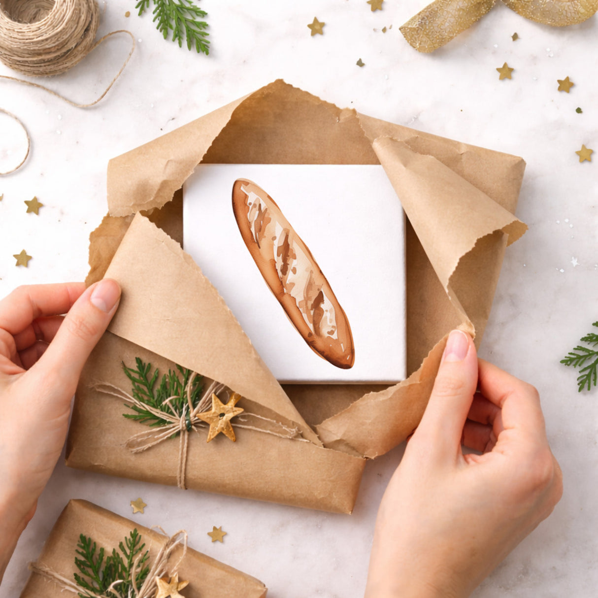 Mediterrane Schätze Baguette Brot Holzbild in 10x10 cm zum Stellen oder Aufhängen