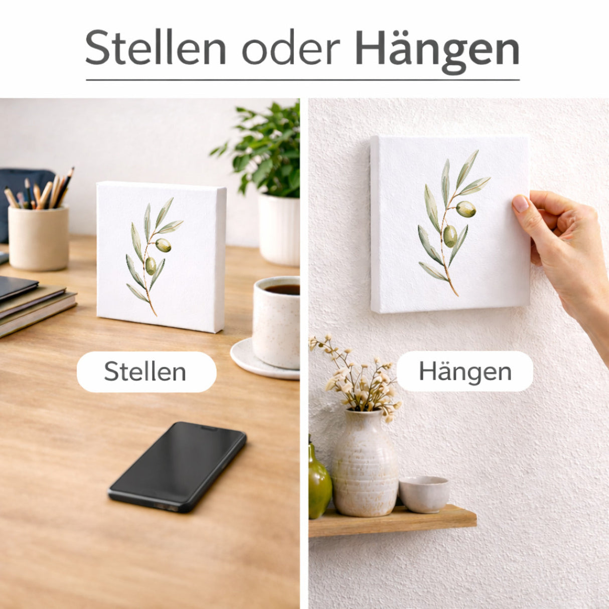 Mediterrane Schätze Olivenzweig Holzbild in 10x10 cm zum Stellen oder Aufhängen