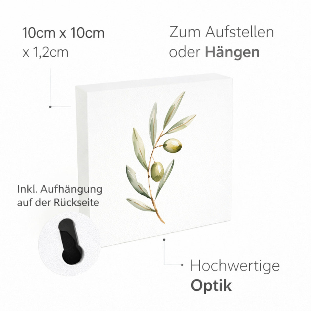 Mediterrane Schätze Olivenzweig Holzbild in 10x10 cm zum Stellen oder Aufhängen