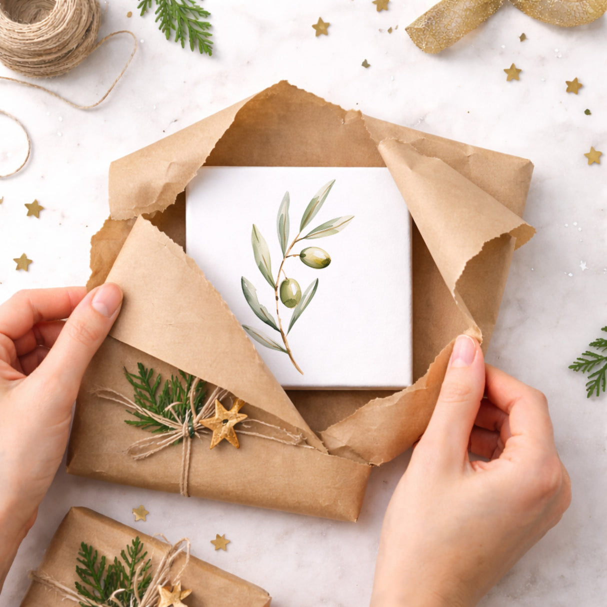Mediterrane Schätze Olivenzweig Holzbild in 10x10 cm zum Stellen oder Aufhängen