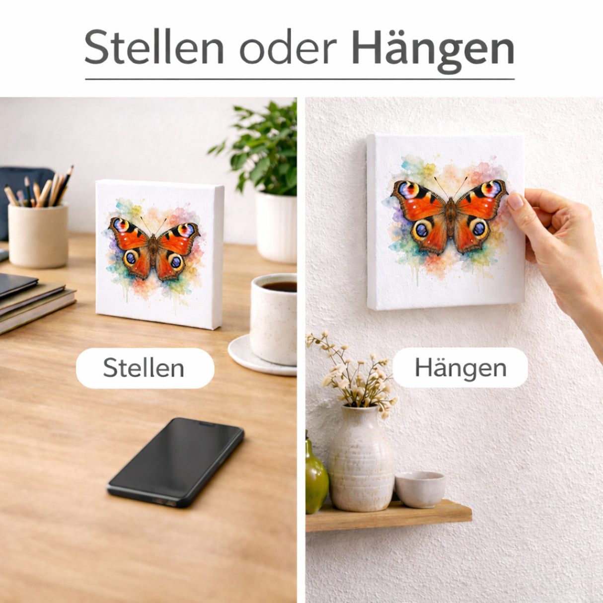 Schmetterlingszauber Tagpfauenauge Holzbild in 10x10 cm zum Stellen oder Aufhängen
