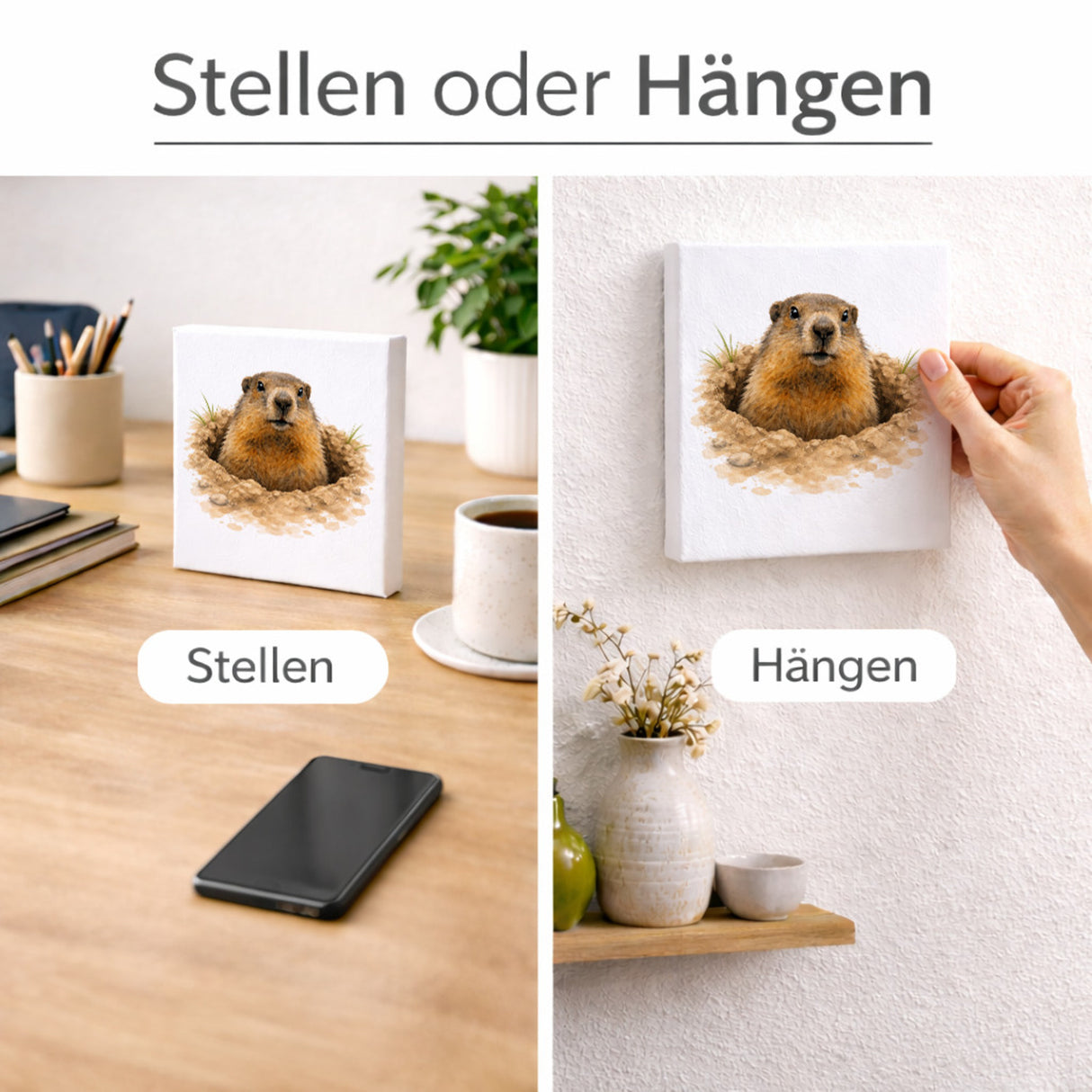 Murmeltier-Charm Murmeltier im Erdloch Holzbild in 10x10 cm zum Stellen oder Aufhängen