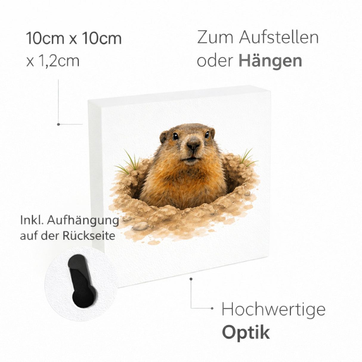 Murmeltier-Charm Murmeltier im Erdloch Holzbild in 10x10 cm zum Stellen oder Aufhängen