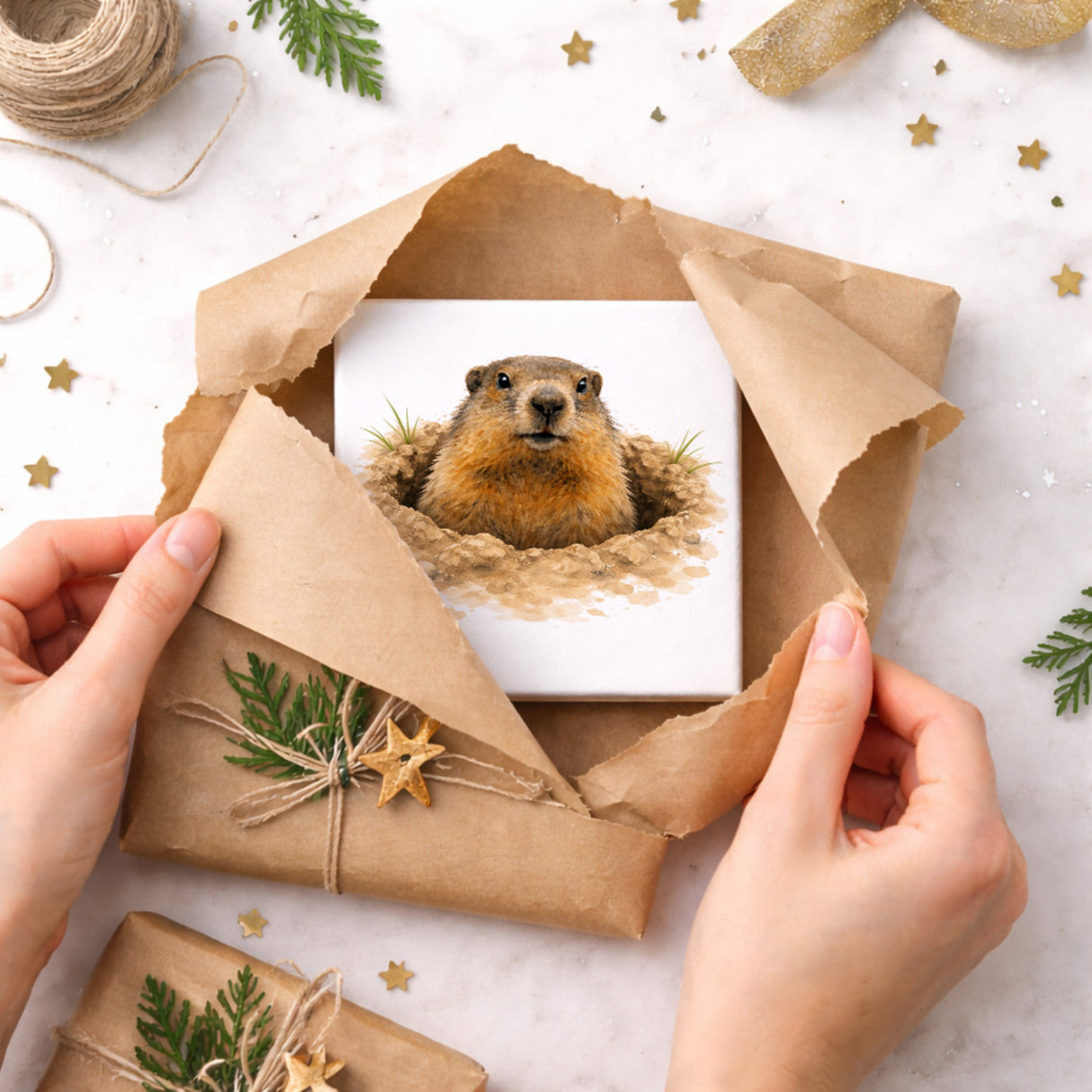 Murmeltier-Charm Murmeltier im Erdloch Holzbild in 10x10 cm zum Stellen oder Aufhängen
