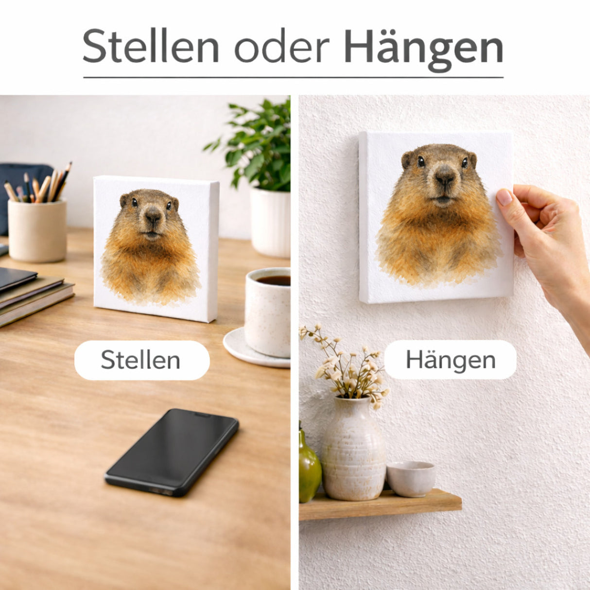 Murmeltier-Charm Murmeltier Porträt Holzbild in 10x10 cm zum Stellen oder Aufhängen