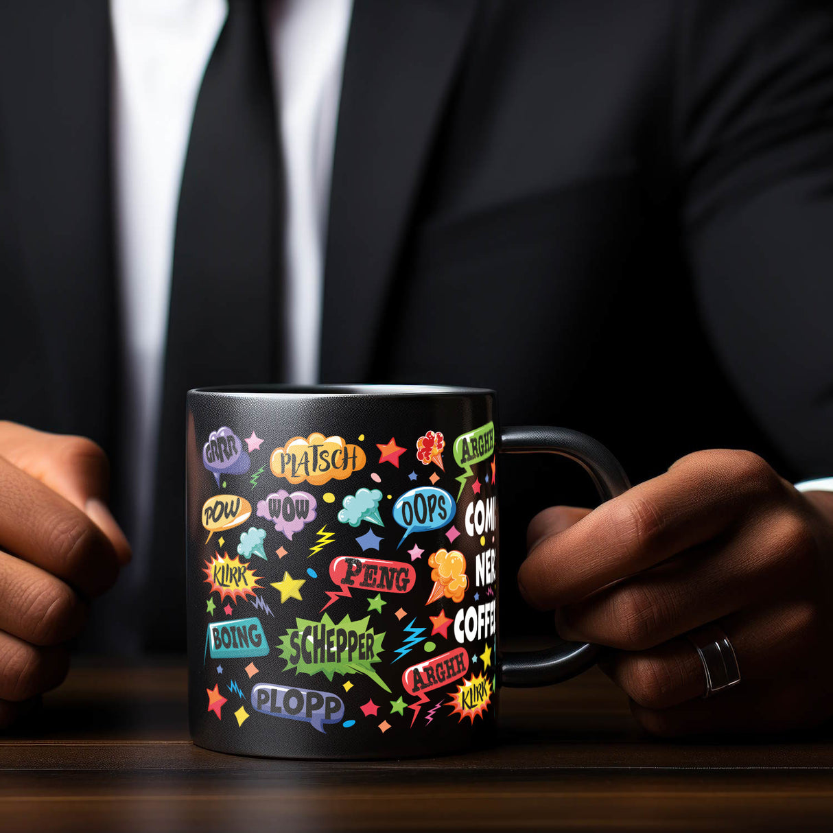 Comic Tasse in Schwarz mit Spruch: Comic sounds, coffee enthusiasts unite!