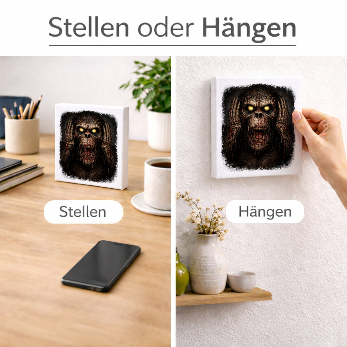 Drei weise Zombie Affen nichts hören Holzbild in 10x10 cm zum Stellen oder Aufhängen