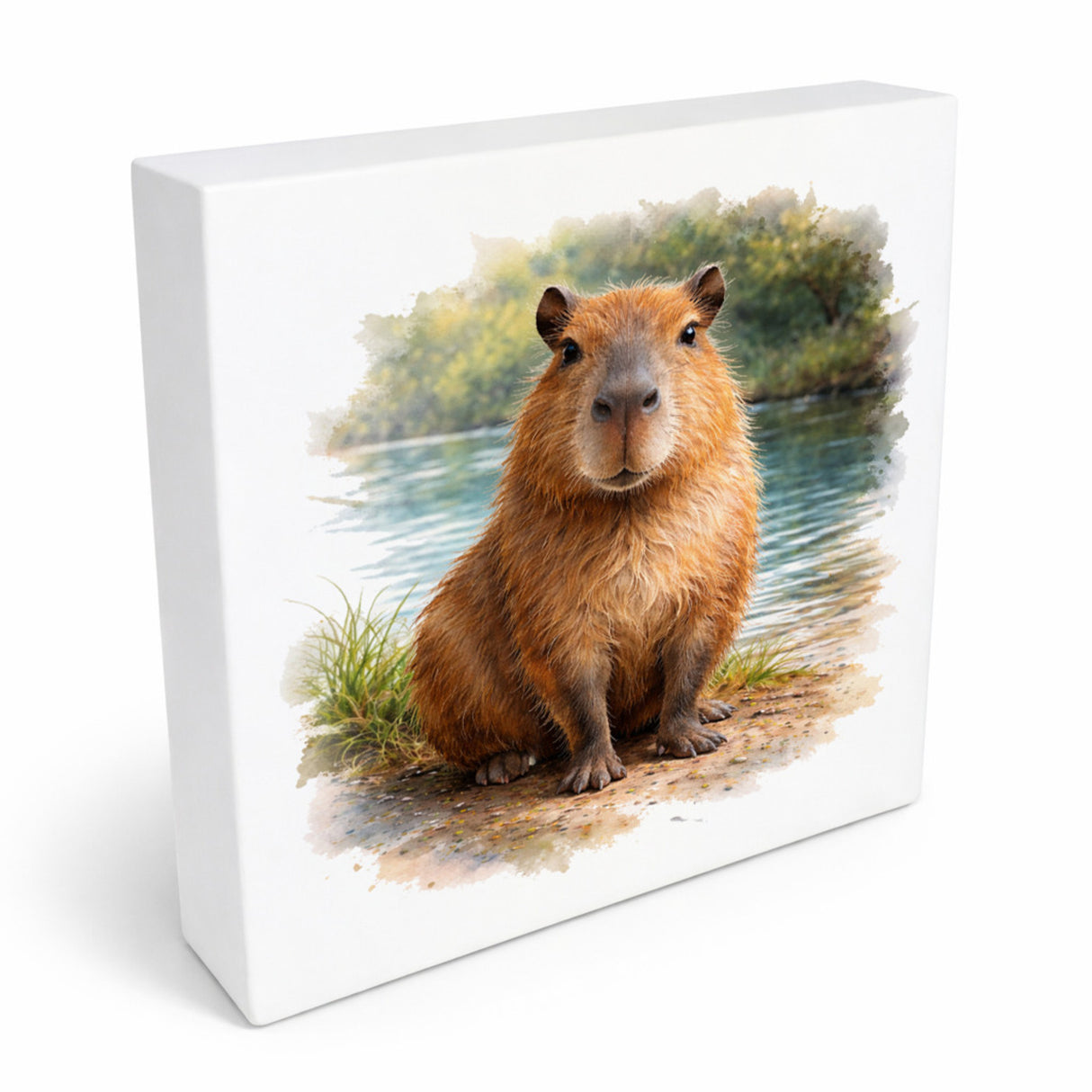 Capy Moments Capybara am Fluss Holzbild in 10x10 cm zum Stellen oder Aufhängen