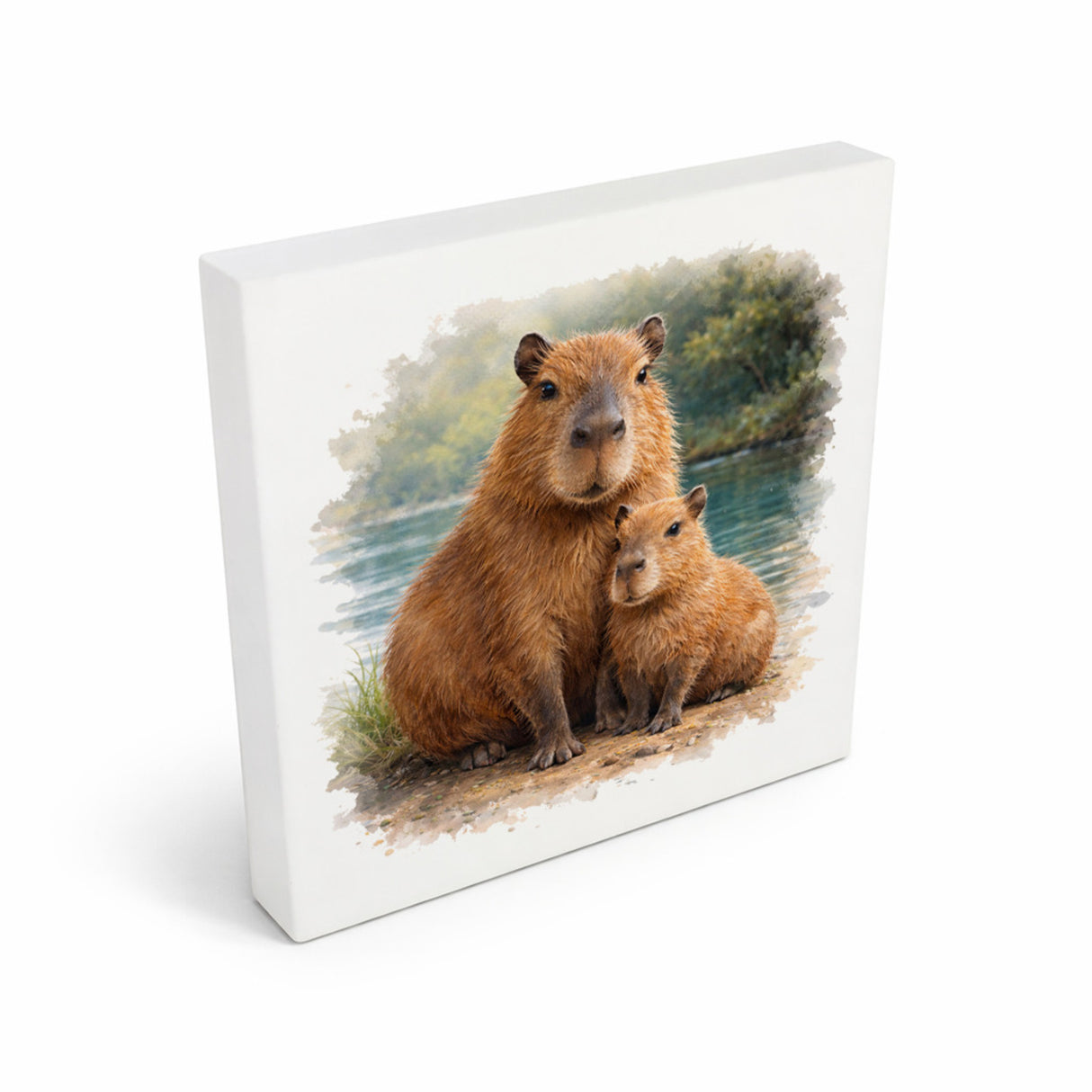 Capy Moments Capybara mit Jungem Holzbild in 10x10 cm zum Stellen oder Aufhängen
