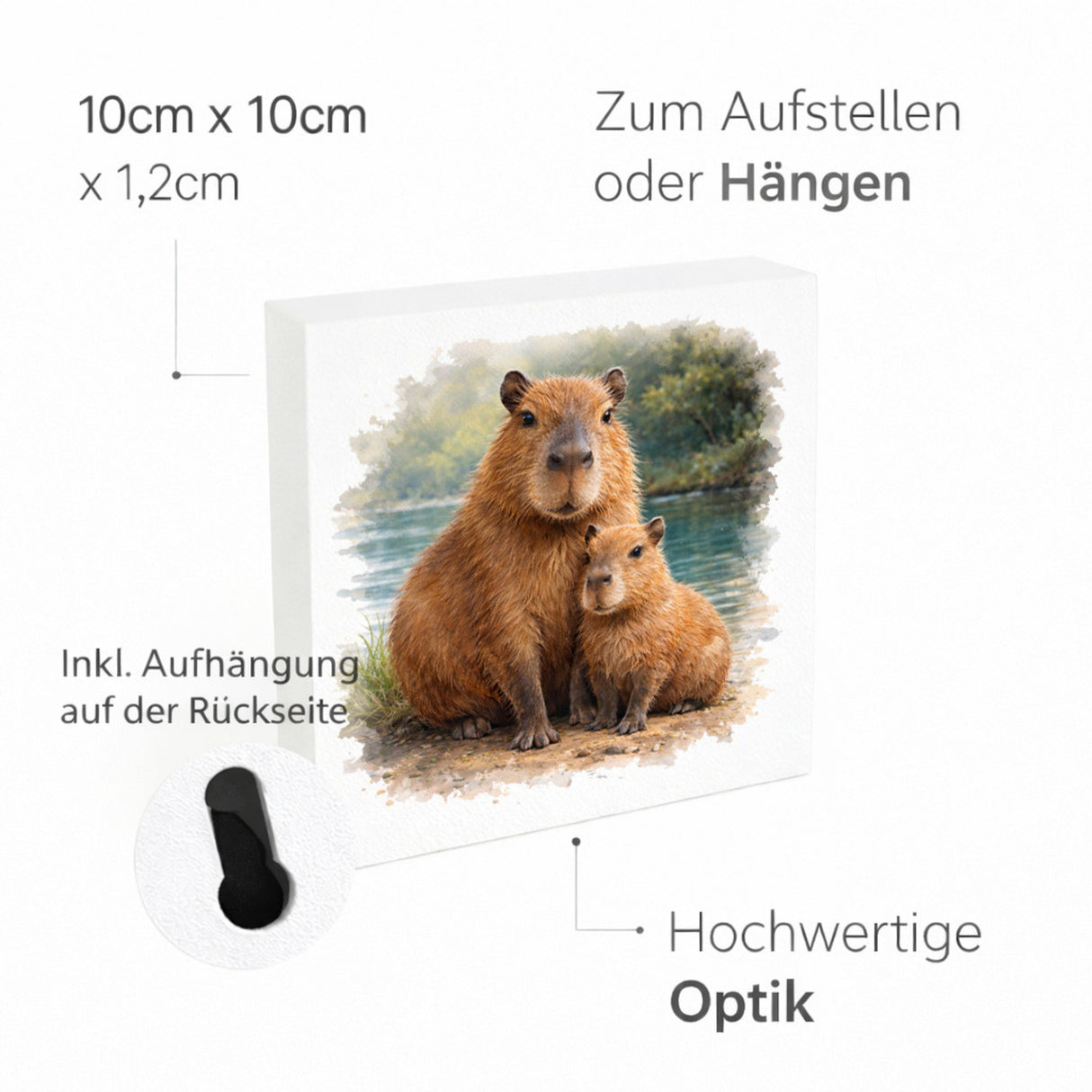 Capy Moments Capybara mit Jungem Holzbild in 10x10 cm zum Stellen oder Aufhängen
