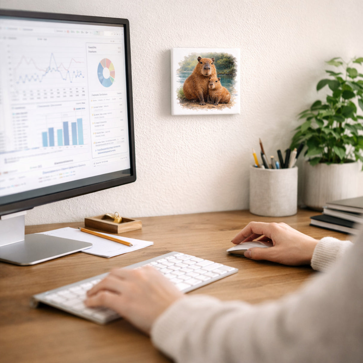 Capy Moments Capybara mit Jungem Holzbild in 10x10 cm zum Stellen oder Aufhängen