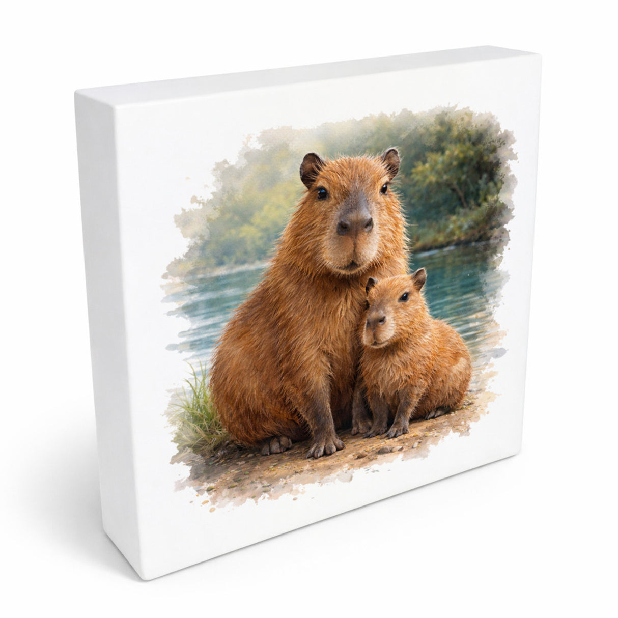 Capy Moments Capybara mit Jungem Holzbild in 10x10 cm zum Stellen oder Aufhängen
