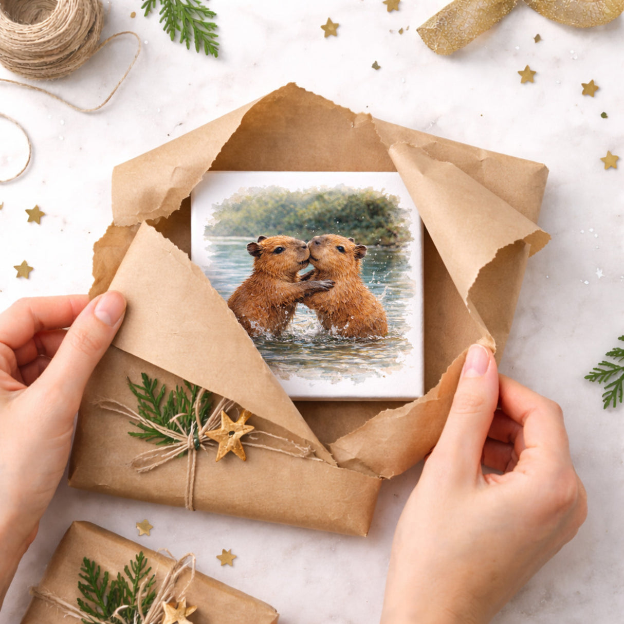 Capy Moments Capybara-Jungtiere Holzbild in 10x10 cm zum Stellen oder Aufhängen