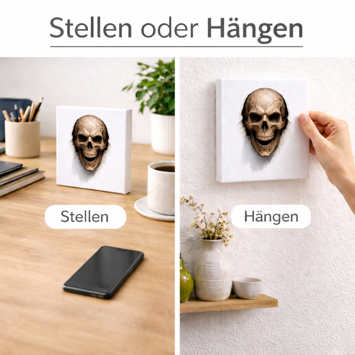 Klingenschädel Totenkopf 2 Holzbild in 10x10 cm zum Stellen oder Aufhängen