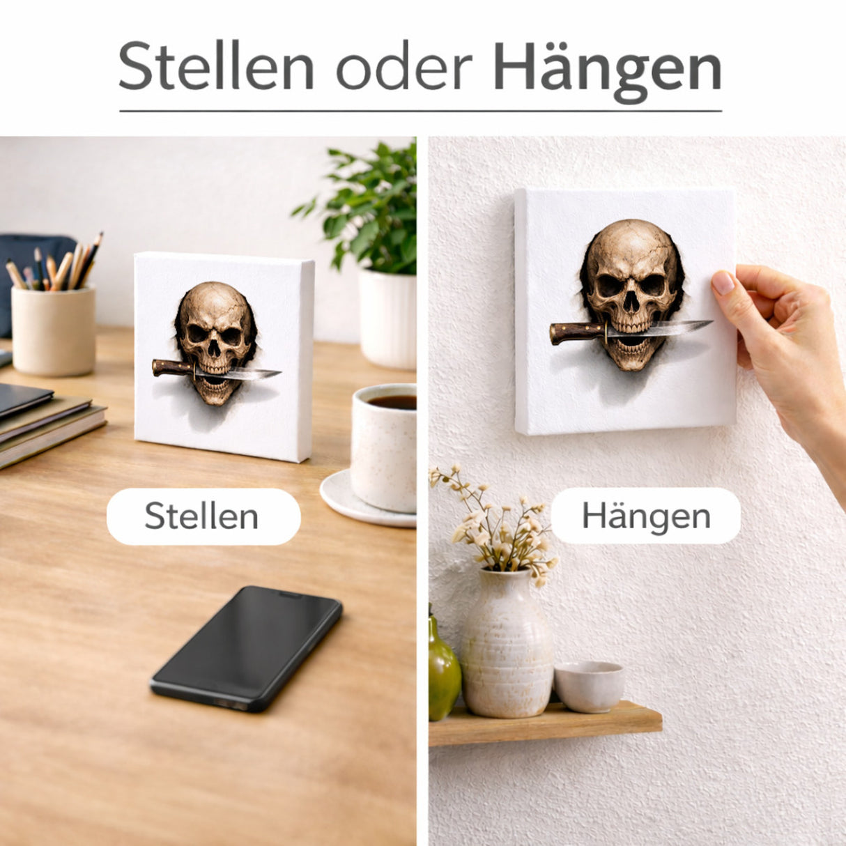 Klingenschädel Totenkopf 1 Holzbild in 10x10 cm zum Stellen oder Aufhängen