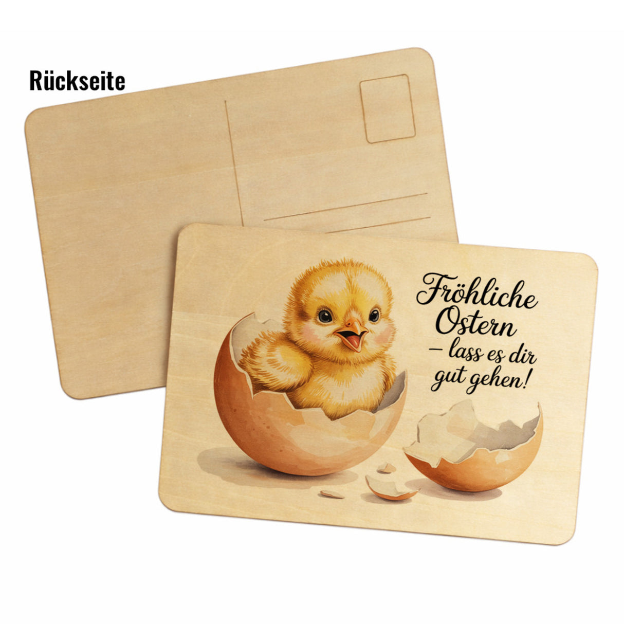 Küken aus Eierschale Postkarte aus Holz Fröhliche Ostern