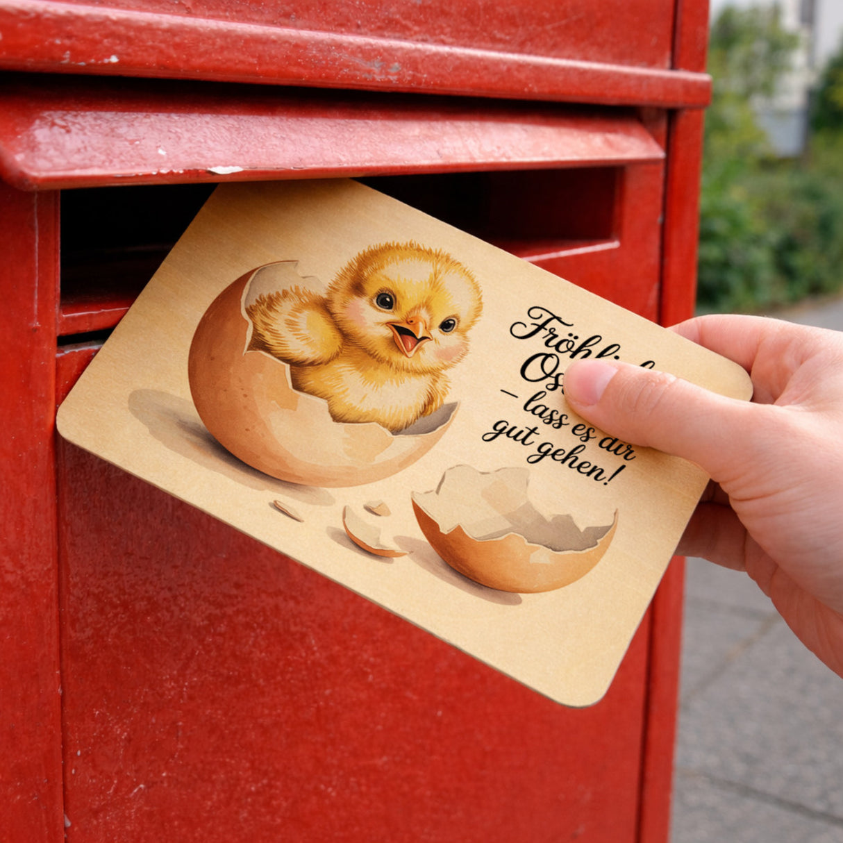 Küken aus Eierschale Postkarte aus Holz Fröhliche Ostern