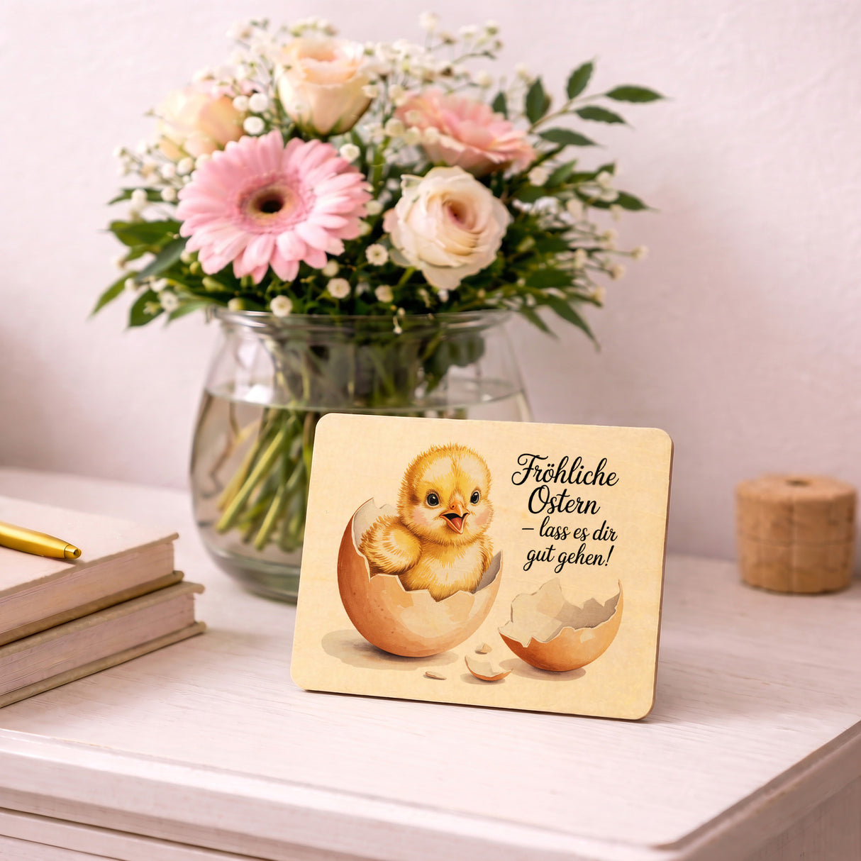 Küken aus Eierschale Postkarte aus Holz Fröhliche Ostern