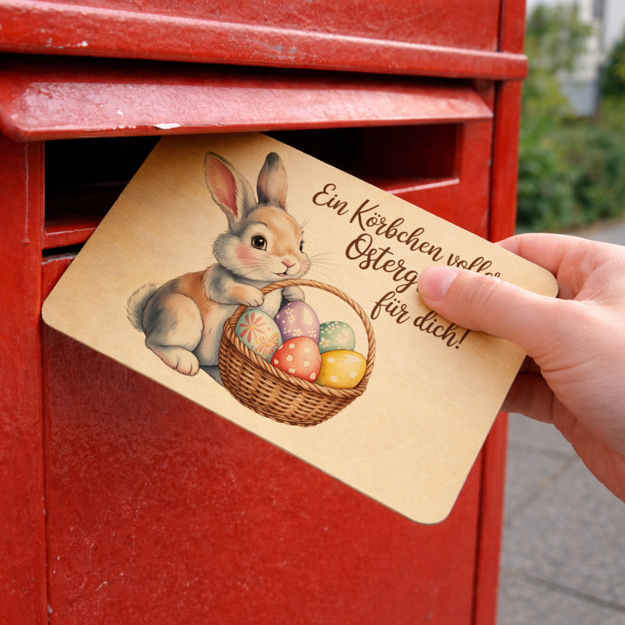 Ein Körbchen voller Ostergrüße Postkarte aus Holz mit Osterhase