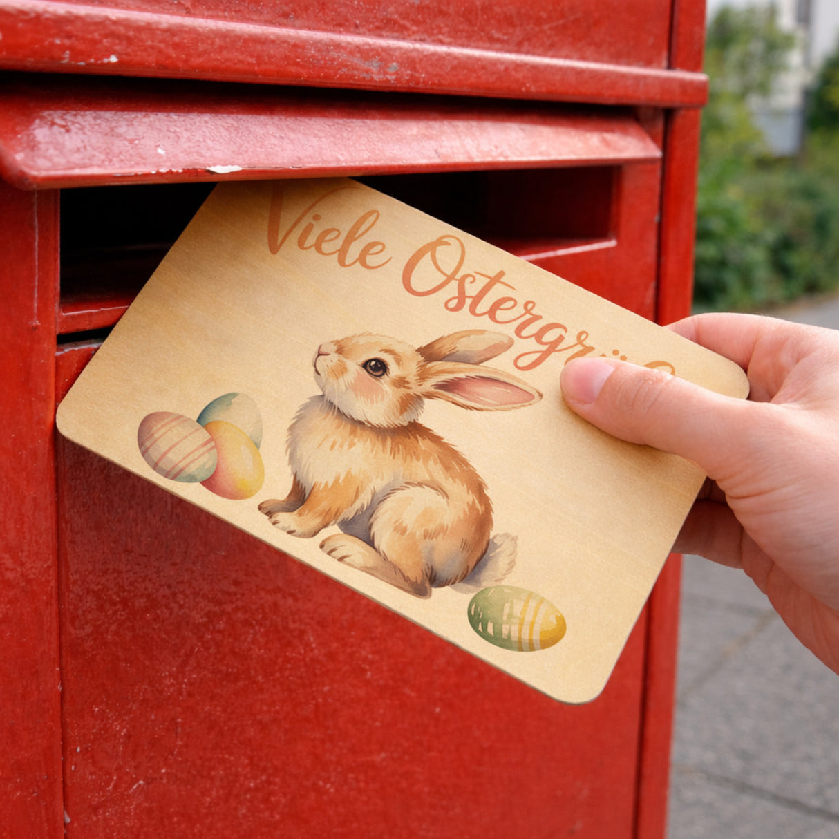 Osterhase Aquarell Postkarte aus Holz Viele Ostergrüße
