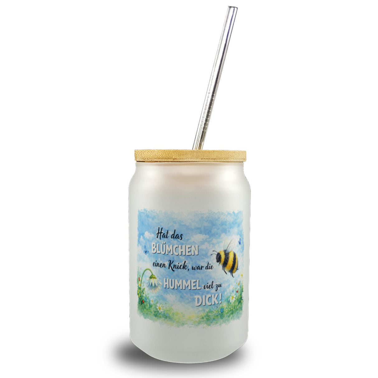Hummel zu dick Gänseblümchen Aquarell Trinkglas mit Bambusdeckel mit Spruch