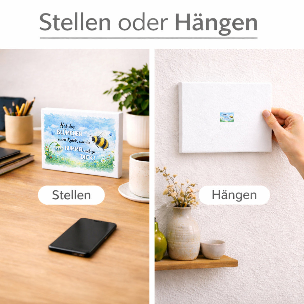 Hummel zu dick Gänseblümchen Aquarell Holzbild in 20x15 cm zum Stellen oder Aufhängen mit Spruch