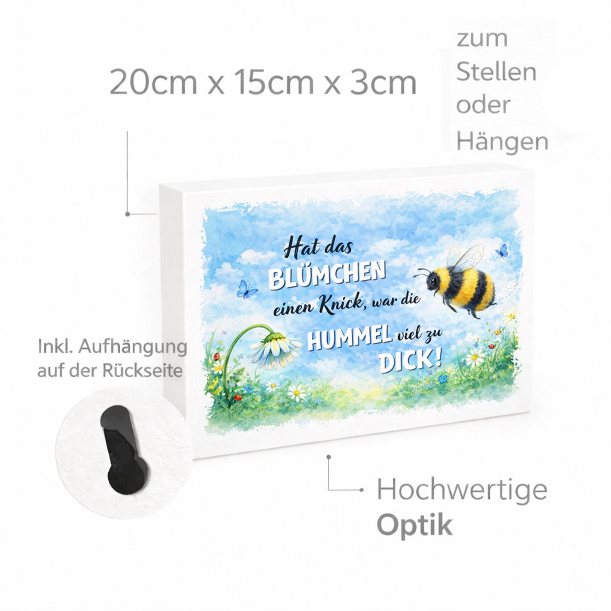 Hummel zu dick Gänseblümchen Aquarell Holzbild in 20x15 cm zum Stellen oder Aufhängen mit Spruch