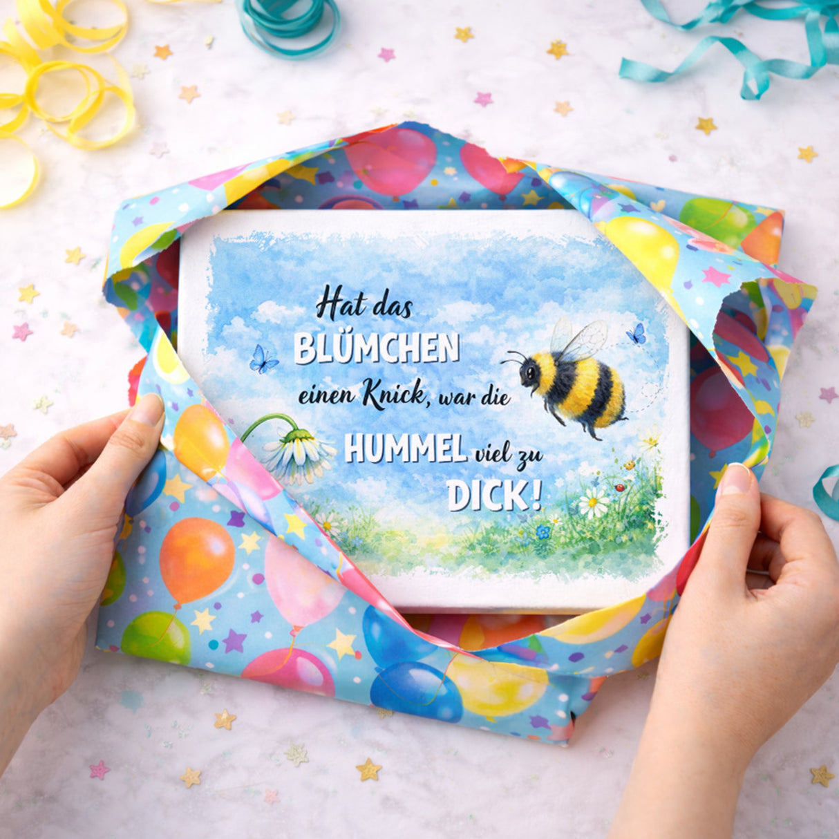 Hummel zu dick Gänseblümchen Aquarell Holzbild in 20x15 cm zum Stellen oder Aufhängen mit Spruch