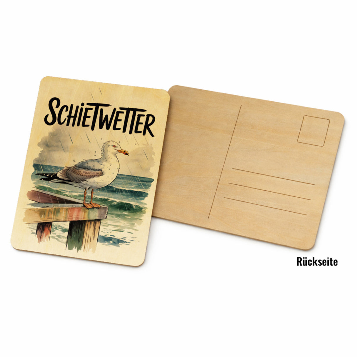 Möwe im Regen Postkarte aus Holz - SCHIETWETTER