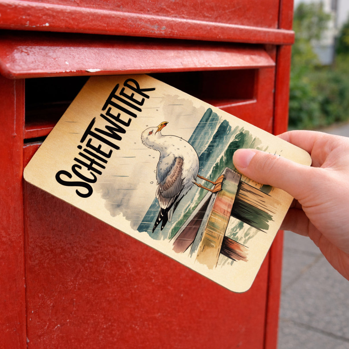 Möwe im Regen Postkarte aus Holz - SCHIETWETTER