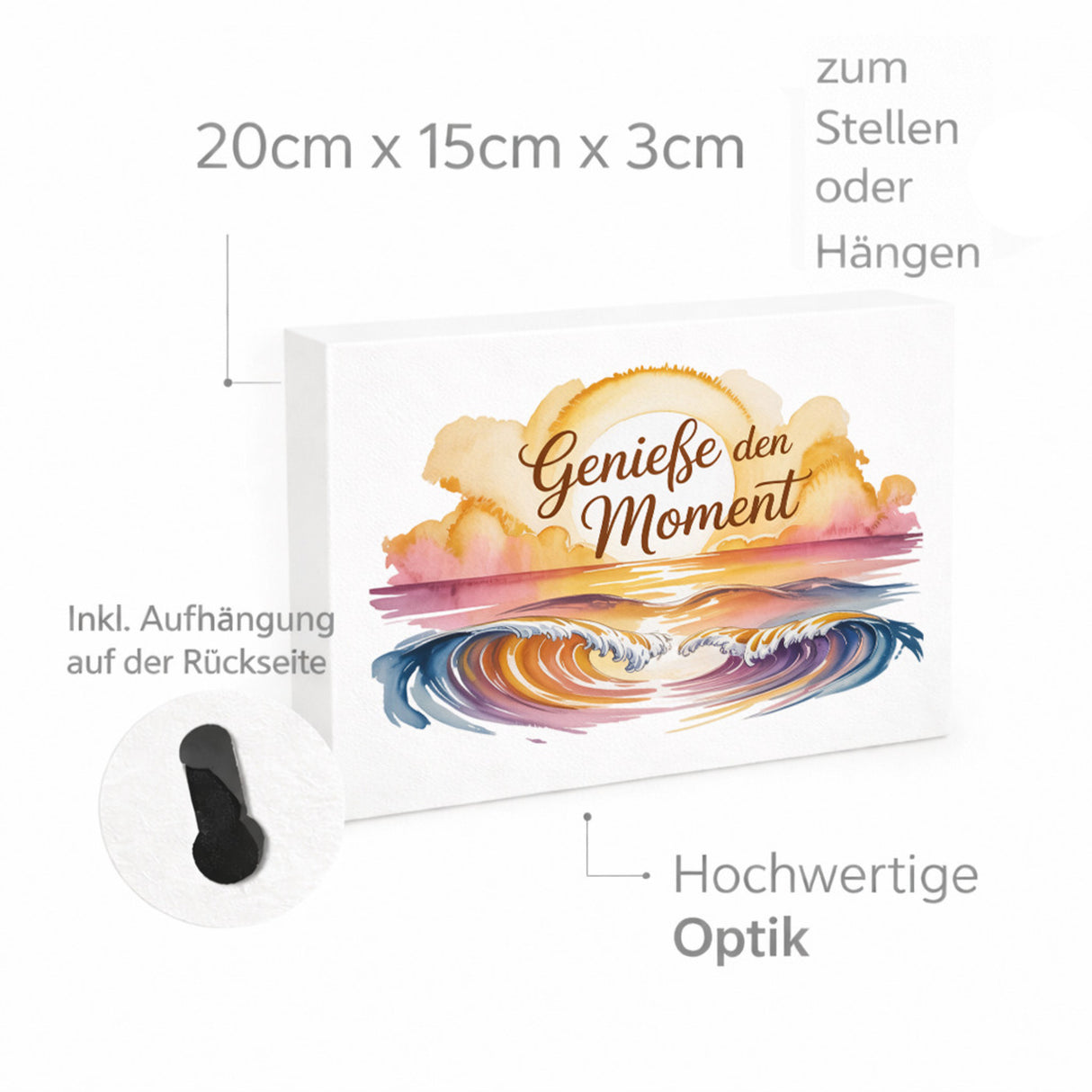 Sonnenuntergang Genieße den Moment Holzbild in 20x15 cm zum Stellen oder Aufhängen