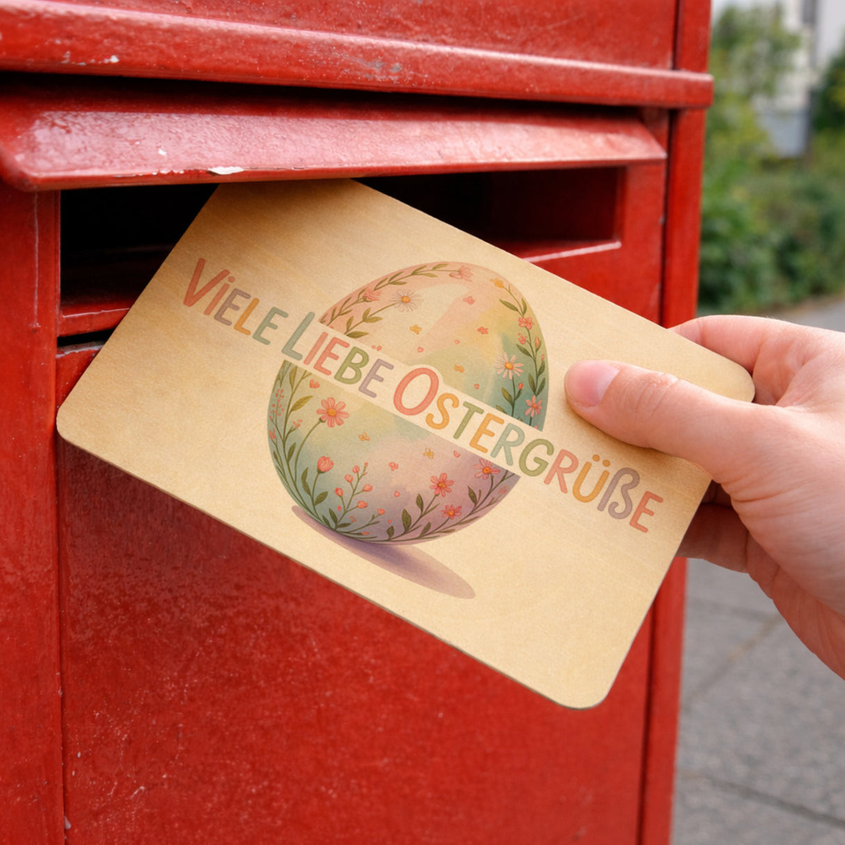 Viele liebe Ostergrüße Postkarte aus Holz mit Aquarell-Osterei