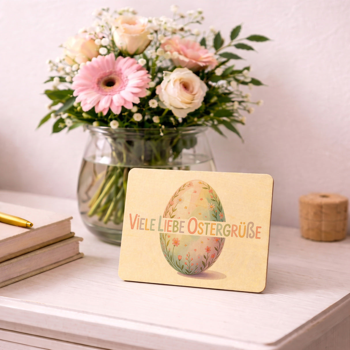 Viele liebe Ostergrüße Postkarte aus Holz mit Aquarell-Osterei