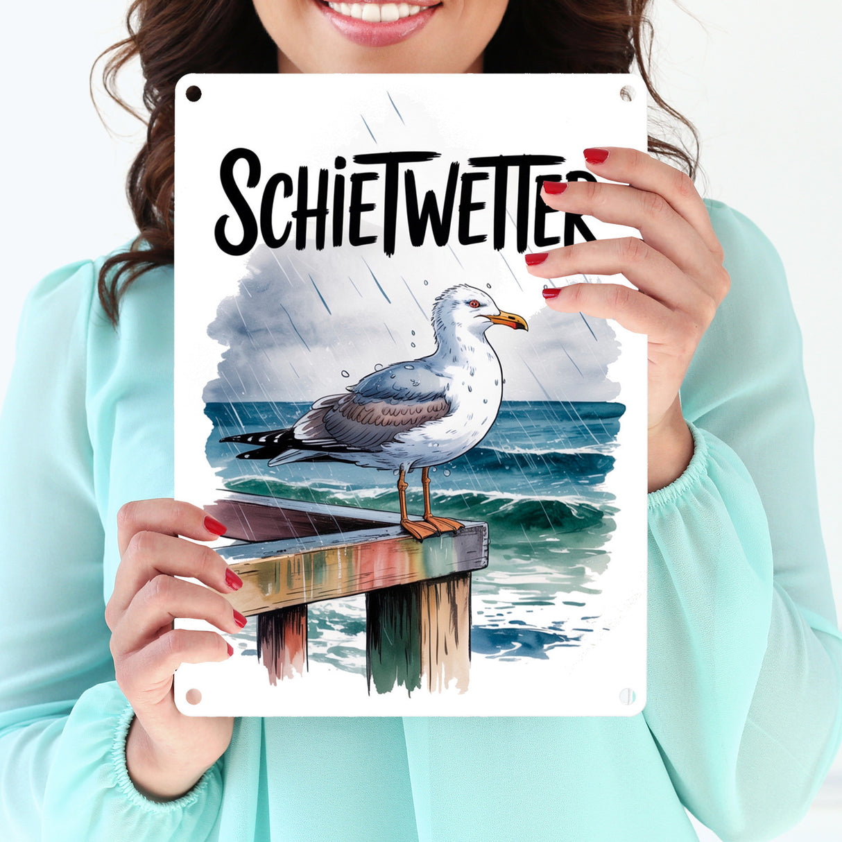 Möwe im Regen Metallschild in 15x20 cm - SCHIETWETTER