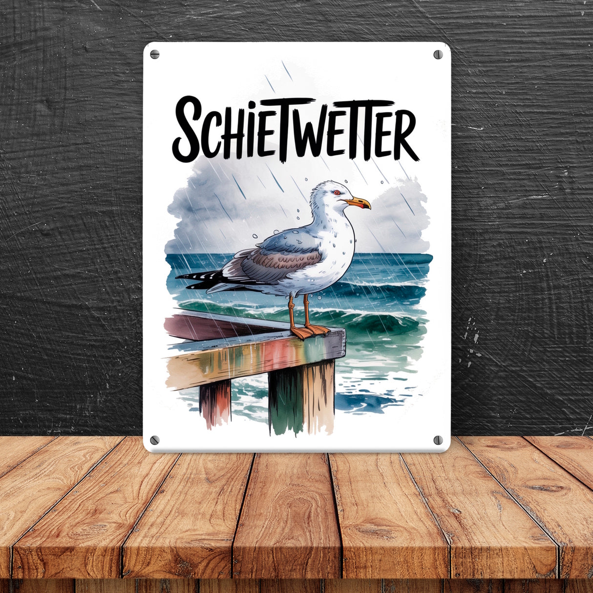 Möwe im Regen Metallschild in 15x20 cm - SCHIETWETTER