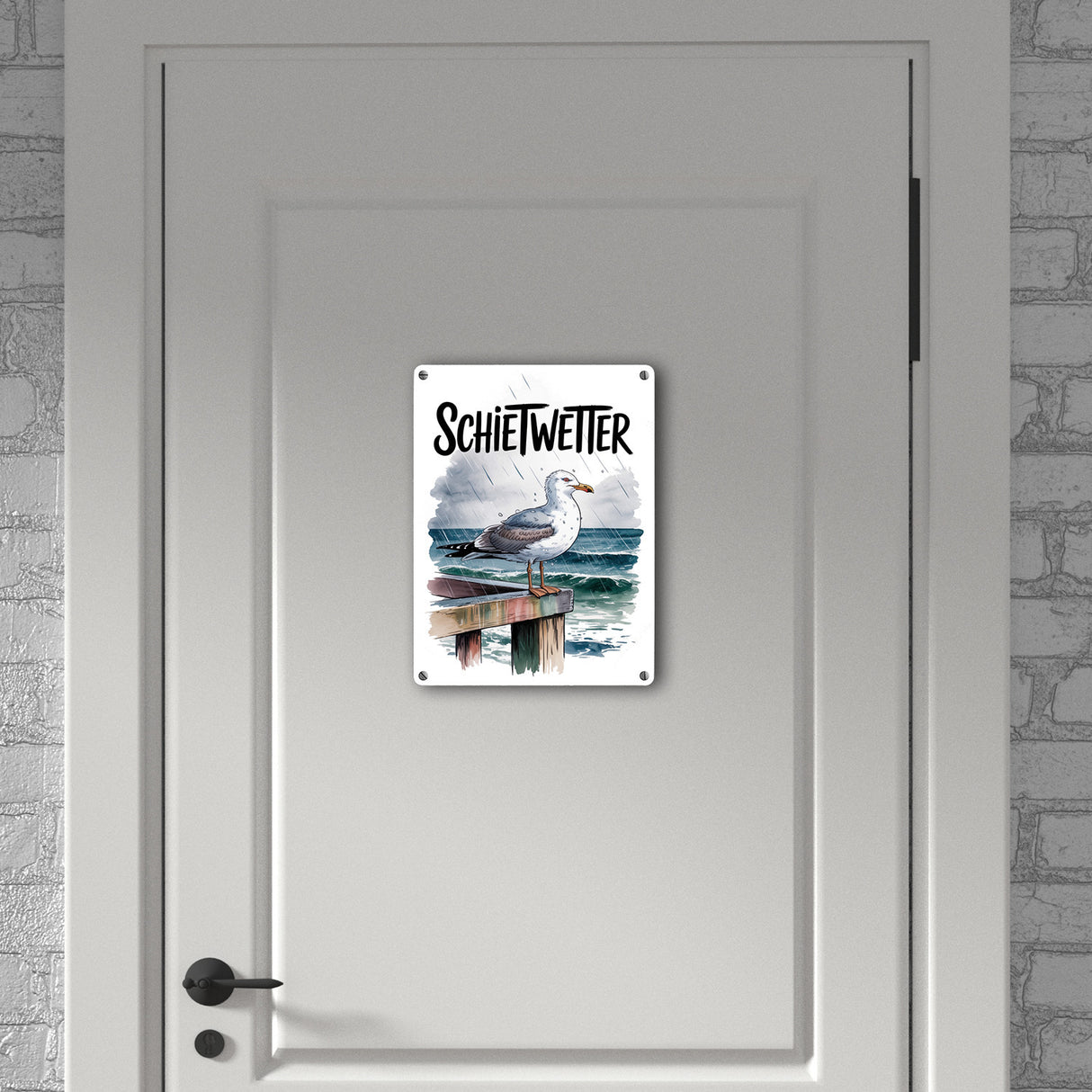 Möwe im Regen Metallschild in 15x20 cm - SCHIETWETTER