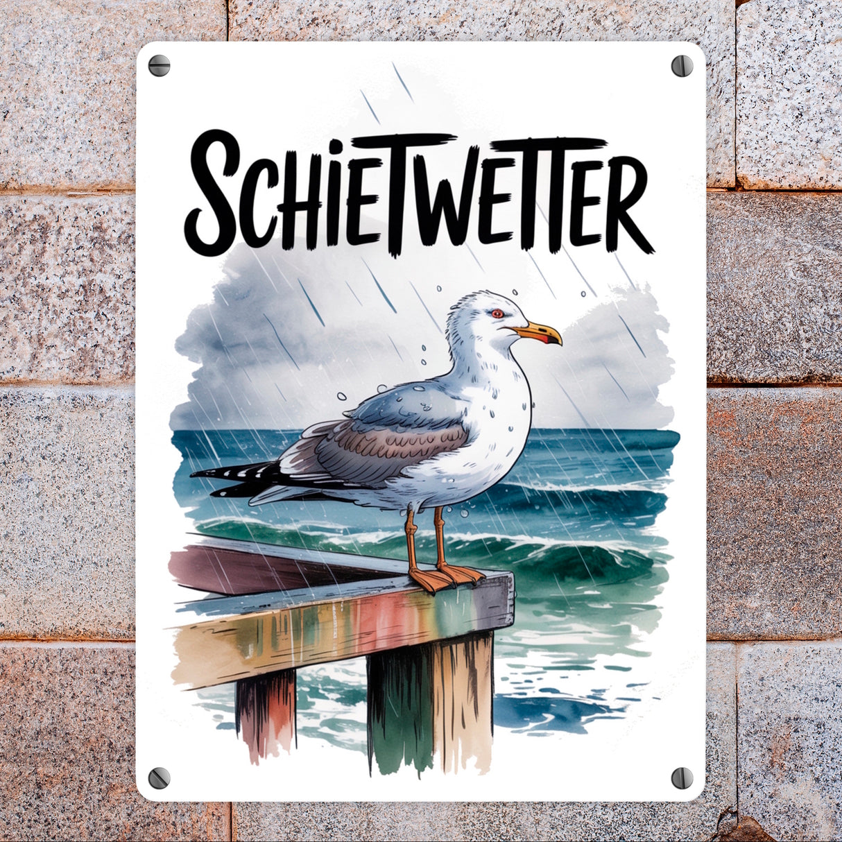 Möwe im Regen Metallschild in 15x20 cm - SCHIETWETTER