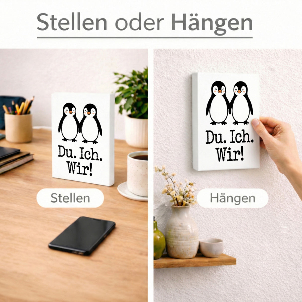 Pinguin Liebe Du. Ich. Wir! Holzbild in 20x15 cm zum Stellen oder Aufhängen