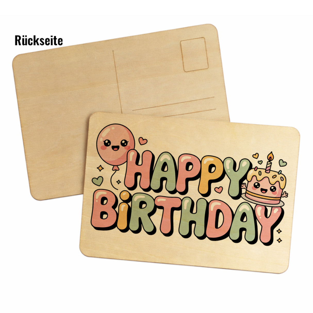 Kawaii Happy Birthday Postkarte aus Holz