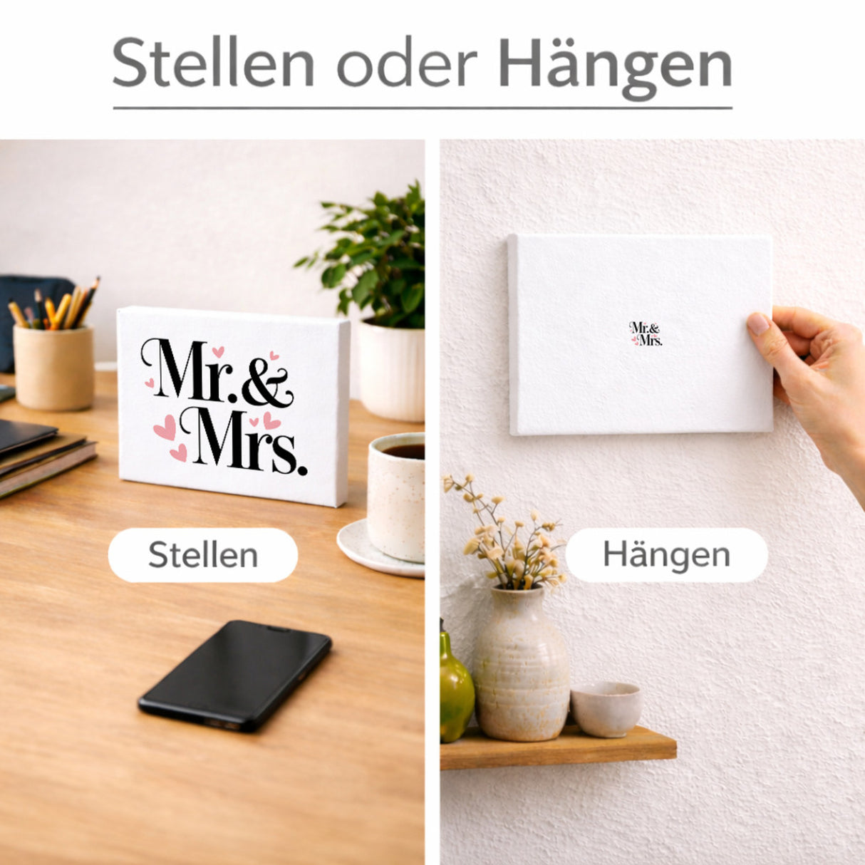 Mr. & Mrs. Holzbild in 20x15 cm zum Stellen oder Aufhängen mit romantischem Herz-Design