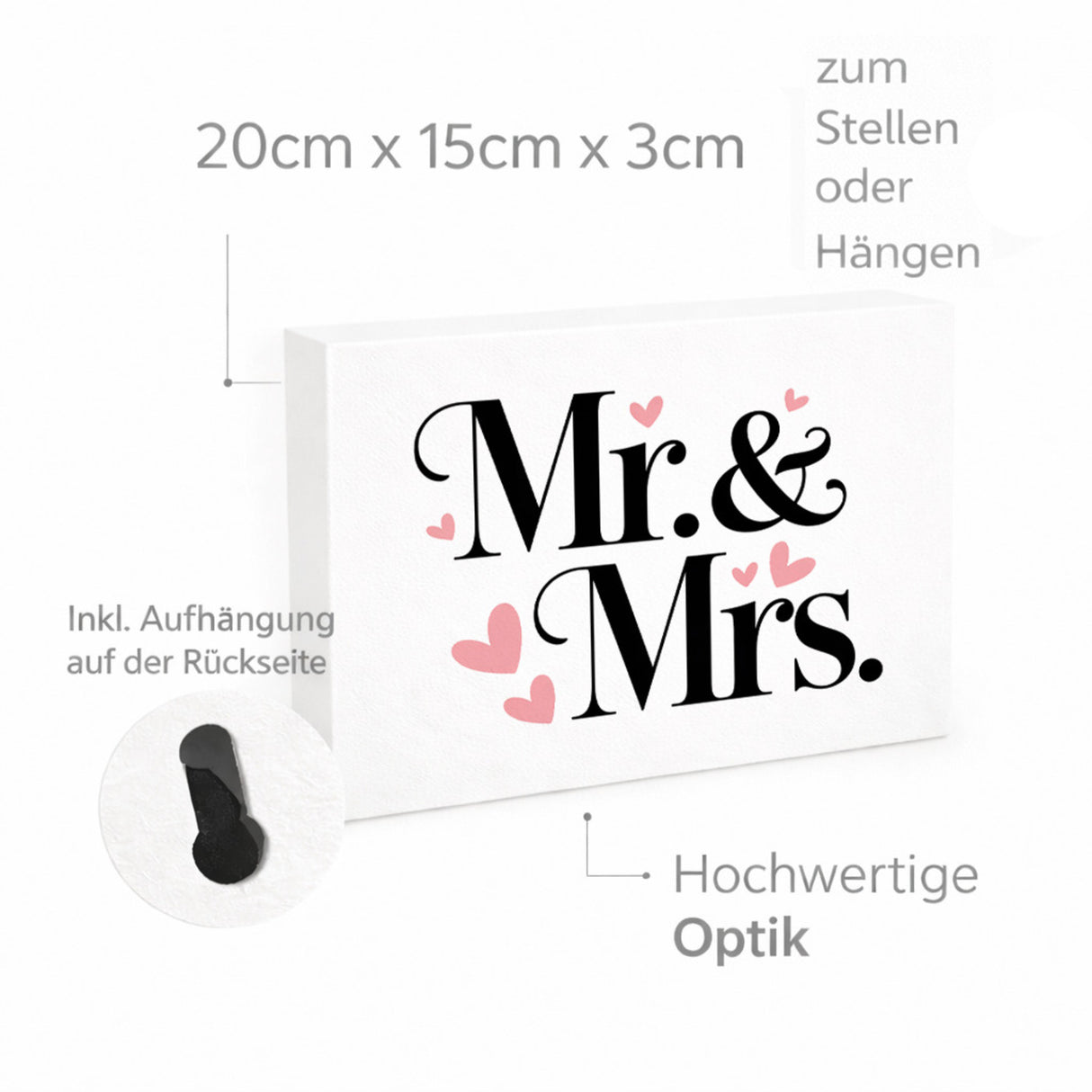 Mr. & Mrs. Holzbild in 20x15 cm zum Stellen oder Aufhängen mit romantischem Herz-Design